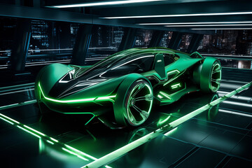 Futuristic sports car with green lights in motion over night city. Generative AI