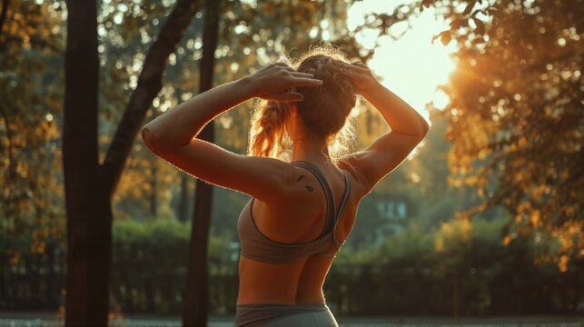 Serene yoga practice at sunset, woman in harmony with nature. AI generated