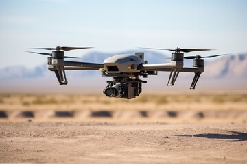 Fototapeta na wymiar Drone hovering with camera taking photo, shooting video. Generative AI
