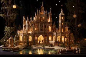 Fototapeta na wymiar Old fairytale illuminated toy castle with beautiful garden and lake. Generative AI