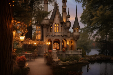 Obraz premium Illuminated inner yard of mystery castle. Generative AI