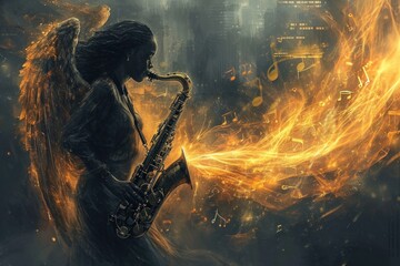 Woman playing the saxophone on a dark background with fire and smoke - obrazy, fototapety, plakaty