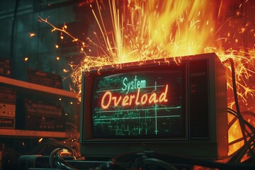 a digital display, overheating and covered in sparks with a warning saying System Overload in bright letters. critical failure. 