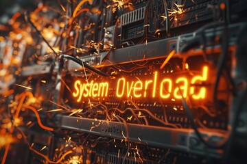 an overloaded, overheating electronic circuit board covered in sparks with a warning saying System Overload in bright letters. critical failure.  - obrazy, fototapety, plakaty
