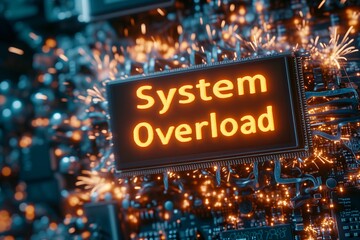 an overloaded, overheating electronic circuit board covered in sparks with a warning saying System Overload in bright letters. critical failure.  - obrazy, fototapety, plakaty