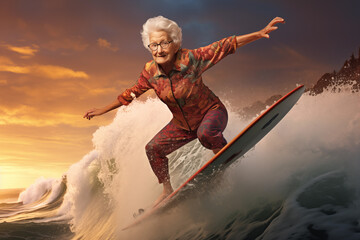 Old senior woman surfer standing on surfboard catching wave. Generative AI
