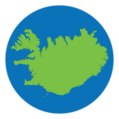 Iceland map. Map of Iceland in green color in globe design with blue circle color.
