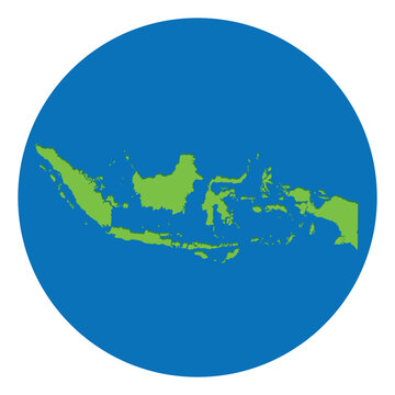Indonesia map. Map of Indonesia in green color in globe design with blue circle color.