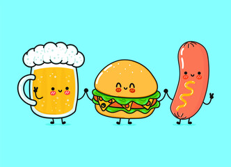 Cute, funny happy glass of beer, hamburger sausage. Vector hand drawn cartoon kawaii characters, illustration icon. Funny cartoon glass of beer, hamburger and sausage friends concept