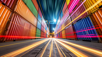 Streaking Lights in Industrial Scene.
A night scene with streaks of light between industrial shipping containers. - obrazy, fototapety, plakaty