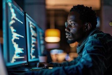 diverse black data scientist at work in office working on computer in front of the screen. Male professional in IT company. DevOps engineer, support specialist.  - obrazy, fototapety, plakaty