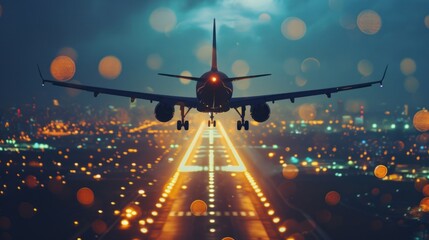 Airplane flying over the runway at night. Business and transportation concept.