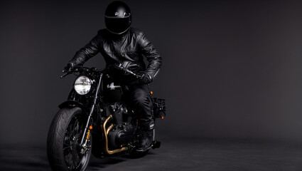A motorcyclist poses in a black helmet on a black background. generative AI - obrazy, fototapety, plakaty
