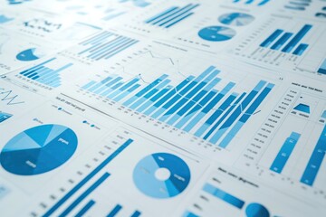 Blue color graphs and information charts diagram. Business report and investment stock chart.  - obrazy, fototapety, plakaty