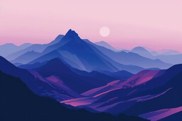 minimal blue lilac mountains flat illustration air perspective sunset view