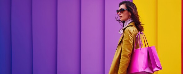 A trendy shopper in sunglasses uses a smartphone while holding colorful shopping bags, against a vibrant purple backdrop, embodying modern consumerism and connectivity. Ai generated
