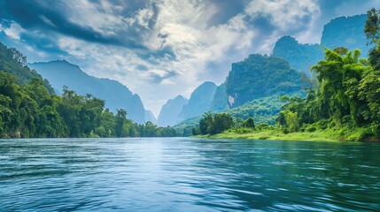 Beautiful river on the background of jungle and mountains - obrazy, fototapety, plakaty