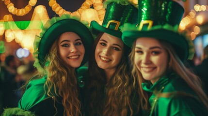 Women dressed up like Leprechauns celebrating Saint Patrick's day - obrazy, fototapety, plakaty