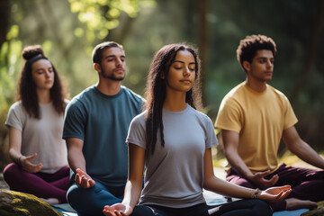 Young people group meditating and breathing in forest. Generative AI