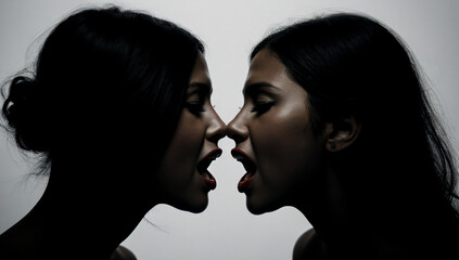 Black and white portrait of two beautiful women who emotionally scream, kiss, brunette portrait, studio