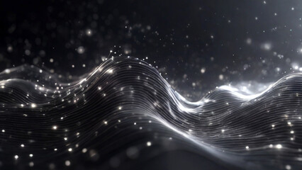 Onda di particelle nero e bianco digitali e sfondo astratto di energia con stelle e puntini brillanti