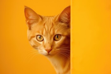 Cute ginger cat curiously peeking over orange background. Kitten showing placard template. Banner about pets with copy space