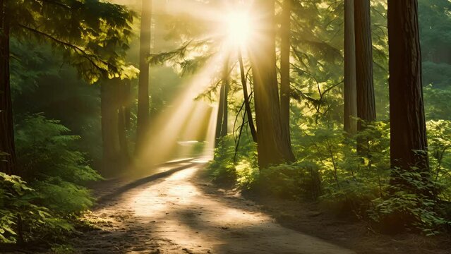 As the sun struggles to break through the fog, it creates a beautiful display of light and shadows along the nature path.