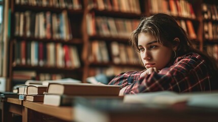 A sad teenager is studying for an exam in the library, studying at library. Created with Generative Ai technology.