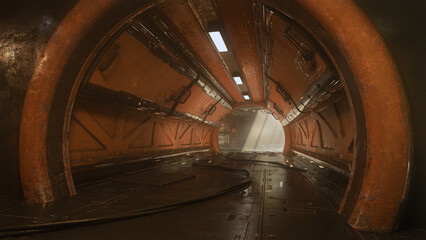 Fototapeta premium Dark grungy underground tunnel in a fantasy dystopian future industrial building. 3D rendering.