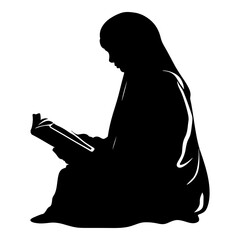 Silhouette of a Muslim woman reading the Koran in black color only