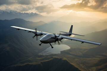 Unmanned military drone flying over mountain valley in sky. Generative AI - Powered by Adobe