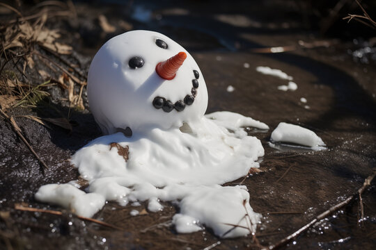 Unhappy snowman melting outdoors under early spring sun. Generative AI