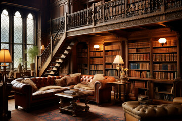 Cozy luxury interior of vintage home library. Generative AI - obrazy, fototapety, plakaty