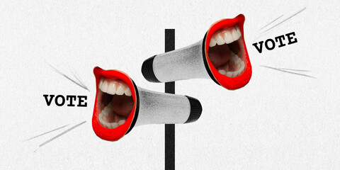 Contemporary art collage. Two loudspeakers with female mouths which screaming about start of...