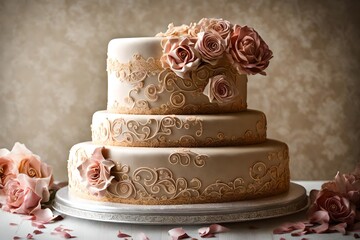 Obraz na płótnie Canvas wedding cake with roses and candle