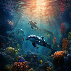 Fototapeta na wymiar Delfine beim schwimmen unter Wasser im Riff mit anderen Fischen