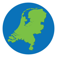 Netherlands map in green color in globe design with blue circle color.