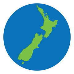 New Zealand map. Map of New Zealand in green color in globe design with blue circle color.