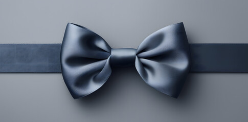Blue gift ribbon with a bow isolated on a gray background, black bow tie - obrazy, fototapety, plakaty
