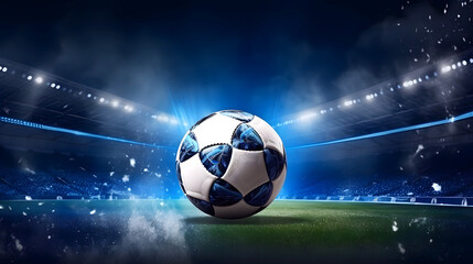 Soccer ball on green grass soccer stadium. Copy space. 