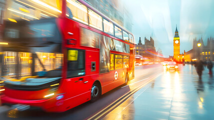 London red bus on the street with motion blur effect. Abstract background.