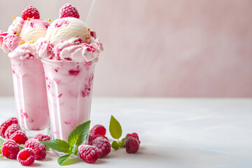 Raspberry milkshake with ice cream and fresh raspberries