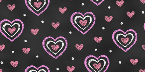 Seamless Grunge Pattern of Chalk Drawn Sketches Red, Pink, White, Hearts on Dark Blackboard.