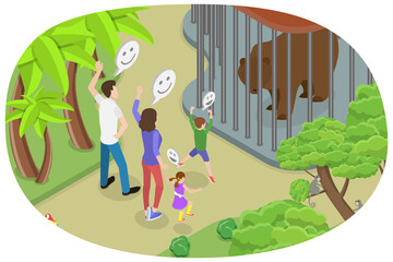 3D Isometric Flat  Conceptual Illustration of Visiting Zoo, Family Time