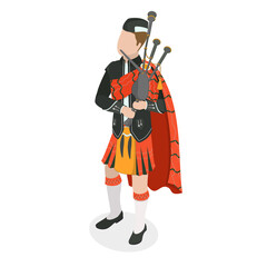 3D Isometric Flat  Icon of Scottish Bagpiper, Character in National Clothes
