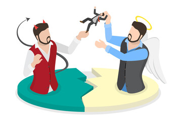3D Isometric Flat  Conceptual Illustration of Opposite Forces, Good and Evil