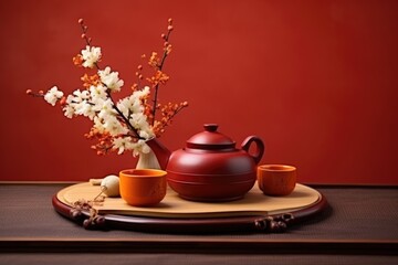 Fototapeta premium Chinese new year festival decoration with traditional tea set