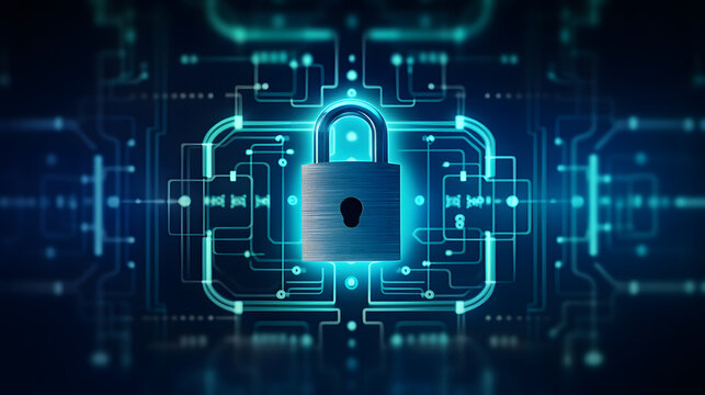 Digital padlock on a blue circuit board background representing cybersecurity.