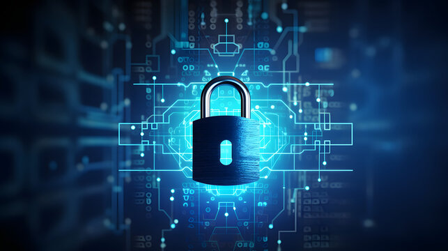 Digital padlock on a cyber circuit background for secure technology concept, suitable for security, and encryption.