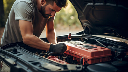 Male mechanic looking at car engine - obrazy, fototapety, plakaty
